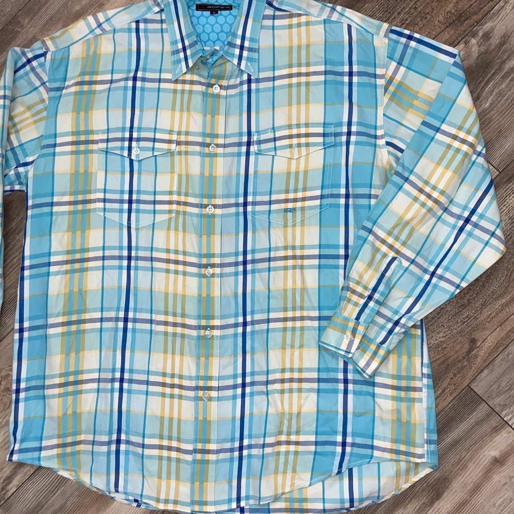 ROPER Dress Shirt Men XL Yellow Blue Plaid Stripe Western Cotton Ranch Button-Up